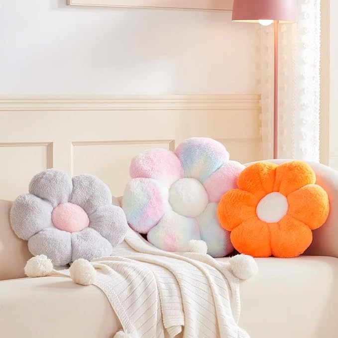 Kcvvcr Flower Pillow Cute Decorative Throw Pillow with Faux Rabbit Fur Soft Daisy Plush Floor Cushion Aesthetic Flower Shaped Pillow Home Decor for Bed Sofa Couch (Orange 14.9 Inch)