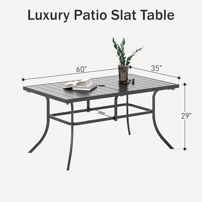 PHI VILLA 6-Person Outdoor Metal Steel Slat Dining Rectangle Table with Adjustable Umbrella Hole, Weather-Resistant for Patio Outdoor Use, Black - Image 3