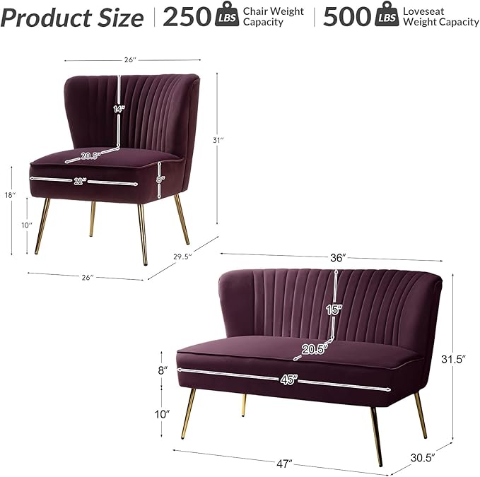 HULALA Home 3 Piece Velvet Living Room Furniture Set, Modern Comfy Upholstered Chair Set with Golden Legs, Include Loveseat & 2 Accent Chairs for Bedroom, Purple Tufted 2-Seater Sofa & Armless Chairs