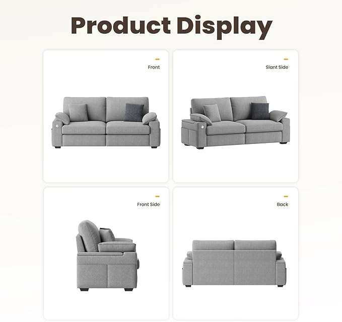 76" Loveseat Couch, 3 Seater Upholstered Midcentury Mondern Love Seat with USB Type C Ports, 4 Pillows and Storage Armrest Cloud Foam Sofa for Living Room/Small Spaces, Grey | Breathable material