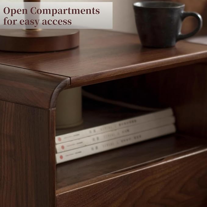 Walnut Nightstand Set of 2, Solid Wood Nightstand with Drawers & Open Storage Shelf, Mid Century Modern Nightstands, Wood End Table for Bedroom, (Dark Black Walnut, 23.23" H) - Image 6