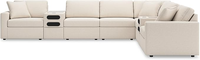 Signature Design by Ashley Modmax Contemporary Stain Resistant Right-Arm Facing 8-Piece Sectional with Audio Consoles, Armrest, Throw Pillows, Reversible Cushions and USB Port, Beige