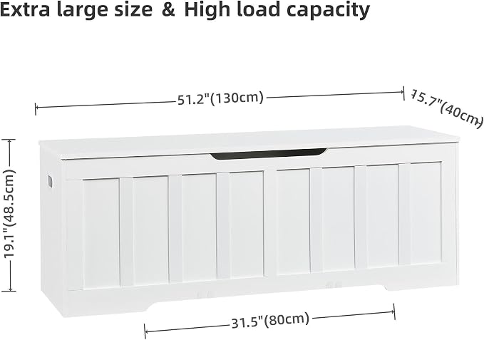 VANKILEY 51.2" Storage Chest Extra Large,Storage Bench with 2 Safety Hinges,Shoe Bench,51.2 * 15.7 * 19.1 inches,Wooden Trunk for Bedroom,livingroom,entryway,Supports 220 lb,Easy Assembly(White). - Image 3