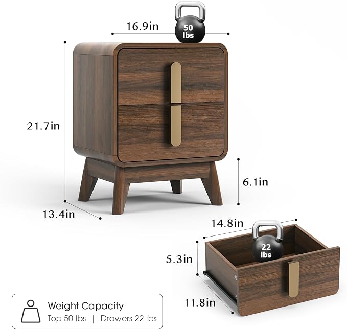 JOINICE, Nightstands Set of 2, Mid Century Modern Nightstand with Drawers, Bedside Tables with Solid Wood Legs, End Side Tables for Bedroom, Small Space,Walnut - Image 2