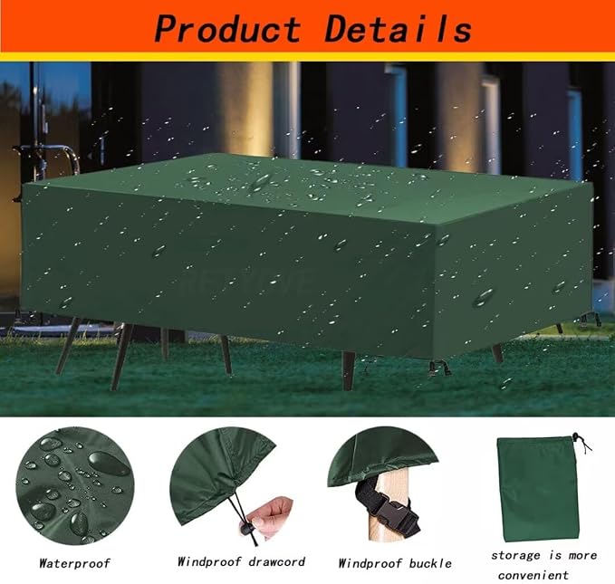 Patio Furniture Covers,Heavy Duty Outdoor Table Chair Sofa Covers,420D Oxford Waterproof Anti-UV Windproof Weatherproof Outdoor Furniture Cover Green 118" L x 31" W x 39" H - Image 2