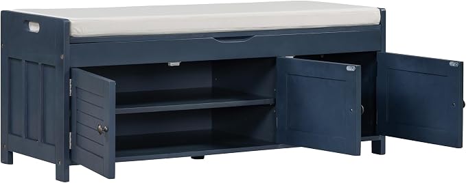 SOFTSEA Upholstered Storage Bench, Entryway Shoe Bench with Removable Cushion and Hidden Storage, Wooden Storage Ottoman with 3 Shutter-Shaped Doors for Entryway, Living Room, Bedroom, Blue - Image 8