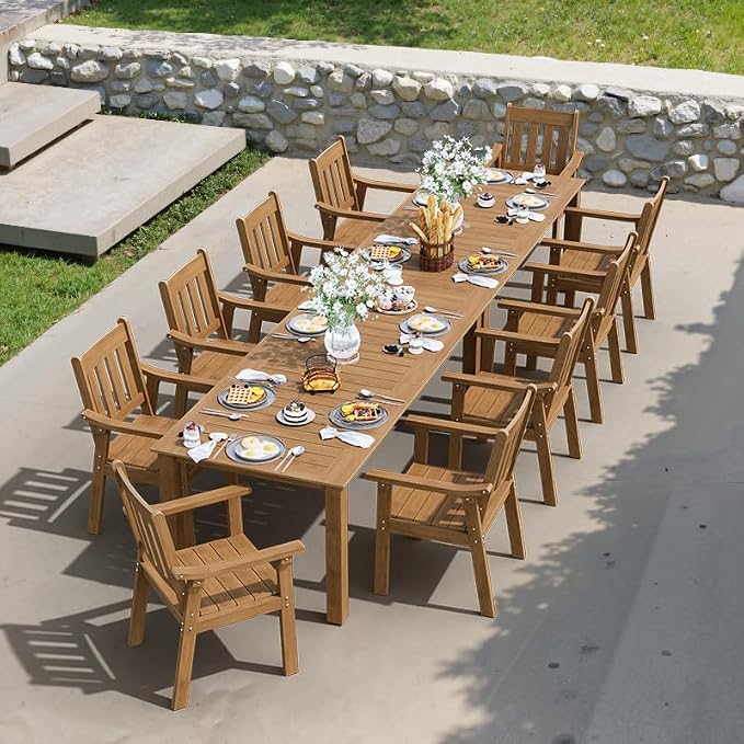 YEFU Outdoor Patio Dining Sets: All Weather 12 Piece Dining Table Set for 10 with Umbrella Hole & Aluminum Frame - Outdoor Furniture Patio 2 Table and 10 Chairs for Outside Backyard/Porch/Deck Teak by YEFU