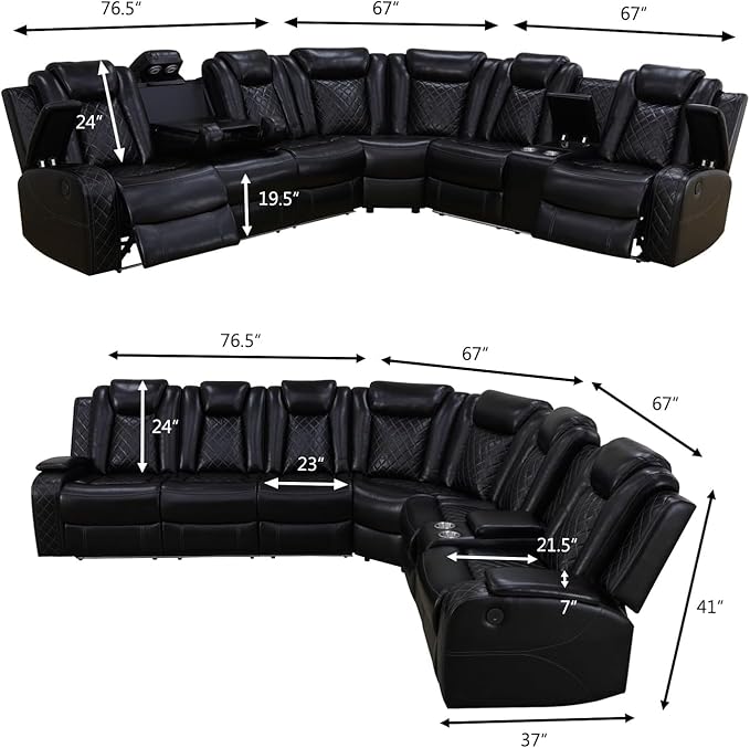 Power Recliner Living Room Set with LED, Breathing Leather Reclining Sectional Sofa Couches for Home Theater with Cup Holder, Storage Consloe, USB Charge
