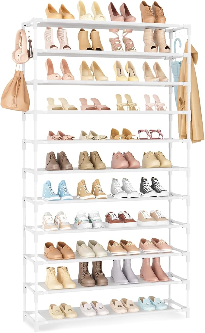 VILICK 11 Tiers Tall Wide Shoe Rack 55 Pairs Large Capacity Sturdy Durable Shoe Rack for Closet Metal Shoe Organizer Shelf with Two Hooks Space Saving for Entryway White by VILICK
