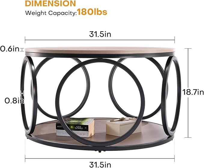 BECHAEO 31.5" Round Coffee Table with Storage - 2 Tier Vintage Coffee Table for Living Room, Industrial Design Wood Top & Metal Legs, Modern Accent Cocktail Tables for Home Office