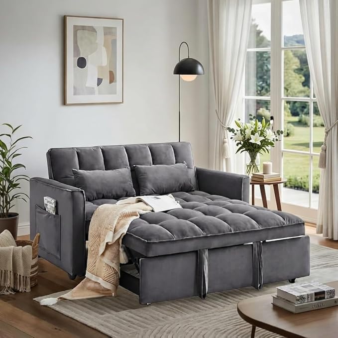 3 in 1 Sofa Bed, Love Seat Sleeper Bed with Side Pockets, Velvet Fabric Pull Out Couch with Adjustable Backrest for Living Room, Bedroom, Gray Apartment, Gray