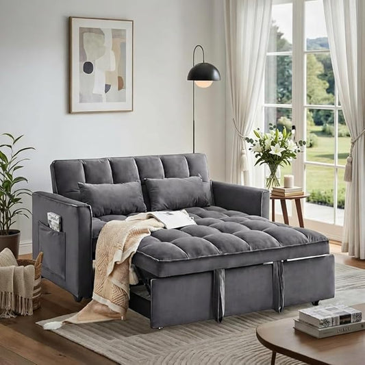 3 in 1 Sofa Bed, Love Seat Sleeper Bed with Side Pockets, Velvet Fabric Pull Out Couch with Adjustable Backrest for Living Room, Bedroom, Gray Apartment, Gray