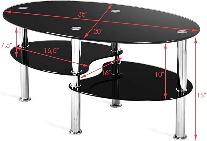 S AFSTAR Glass Coffee Table, 3-Tier Modern Oval Smooth Glass Tea Table Center Table End Table with Open Storage Shelf,Sturdy Steel Legs for Living Room,Home,Office,Cocktail Tea Table (Black)