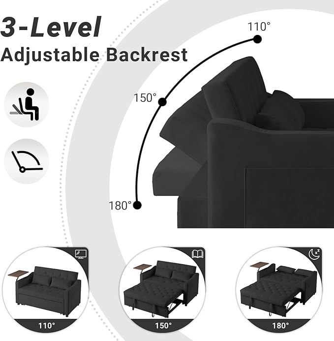 3 in 1 Convertible Sofa Bed, Pull Out Couch with 3-Level Adjustable Backrest, Loveseat Sleeper Recliner with Storage Pockets and Side Table, Velvet Chaise Lounge for Living Room