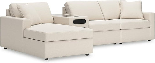 Signature Design by Ashley Modern Modmax Stain Resistant L-Shape Left-Arm Facing 4-Piece Sectional with Chaise and Audio Console, Beige