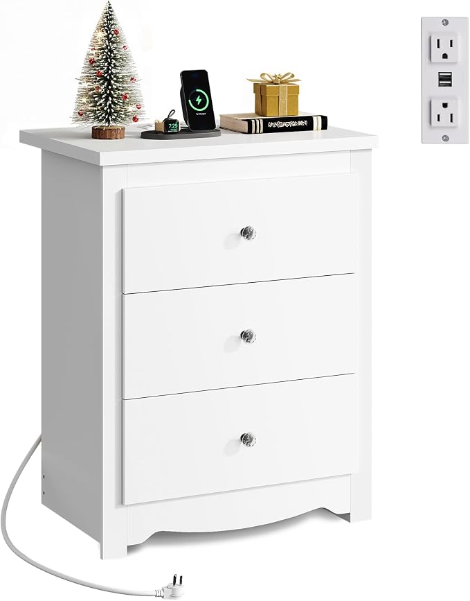 WLIVE White Nightstand with Charging Station, Wood Night Stand with 3 Drawers Storage, Tall Bedside Table End Side Tables with 2 USB Ports and Outlets for Bedroom, Closet, White - Image 8