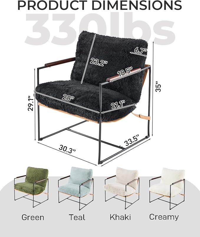 Karl home Modern Accent Chair Plush Fleece Upholstered Living Room Chair with Metal Frame Wooden Armrest Comfy Lounge Armchair for Living Room, Bedroom, Balcony, Reading Room, Black