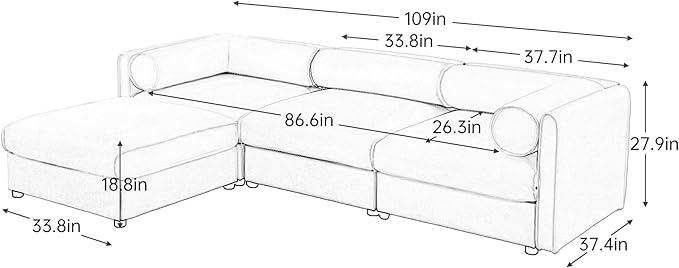 KEIKI 109" L-Shaped Modular Chenille Sectional Sofa with Storage Seat, 1 Ottoman, Modern 3-Seater Couch with Cylindrical Backrest and Armrests, Easy Assembly, for Apartment, Living Room, Blue