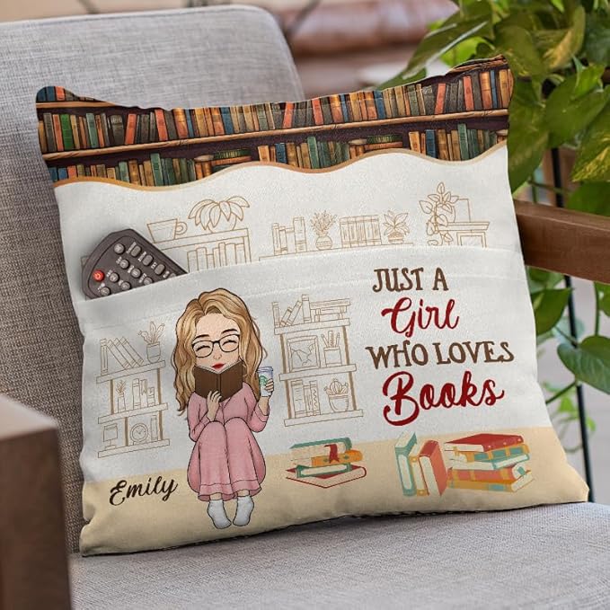 Custom Pocket Pillow, Personalized Bookish Gifts for Book Lovers, Booknerds, Bookworms, Just A Girl Who Loves Book, Books Themed Gifts for Women, Librarian Gift for Women Teacher Students