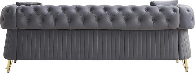KEIKI 89" Chesterfield Velvet Button Tufted Sofa with High Density Foam Cushions and 2 Toss Pillows, Modern Style 3-Seater Couch with 4 Gold Metal Leg, Easy Assembly, for Living Room, Apartment, Grey