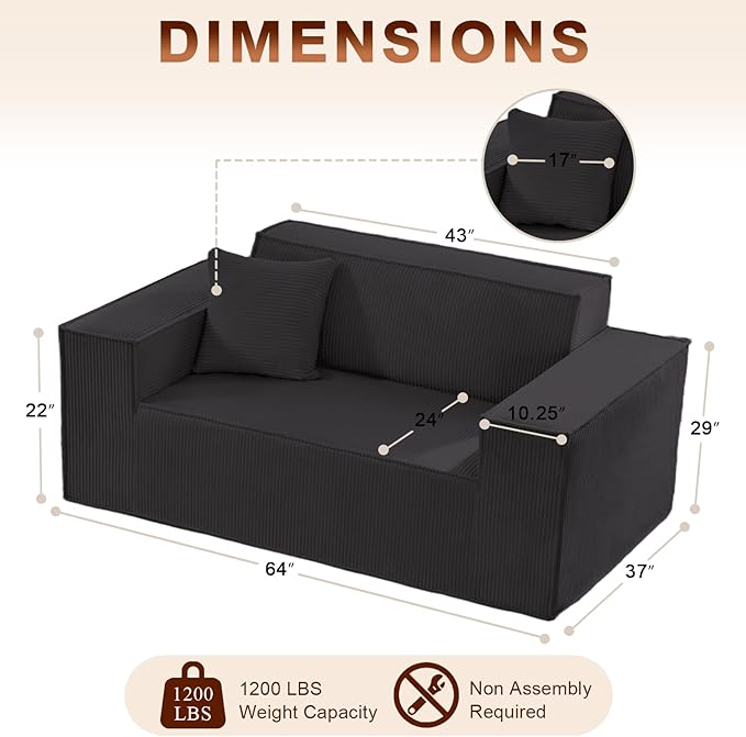 Corduroy Cloud Couch with Pillow, Premium Memory Foam, No Assembly Required, Deep Seat Sofa in Box, Space-Saving Chair for Home, Living Room, Bedroom, Apartment, Office, Loveseat, Dark Gray