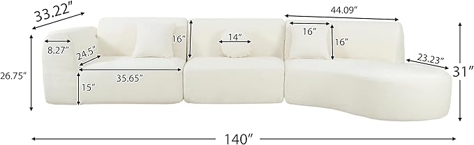 Merax 140" Curved Polyester Sectional Sofa Set, Modern Cloud Couch with Chaise Lounge & 3 Pillows, Fully Assembled for Living Room, Beige