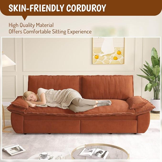 KEIKI 73.2" Queen Convertible Sofa Bed, 3-in-1 Corduroy Pull-Out Sleeper Loveseat Couch with Chaise Lounge Comfort, Modern Futon Sofa for Home Theater, Apartments, Studios & Small Living Spaces