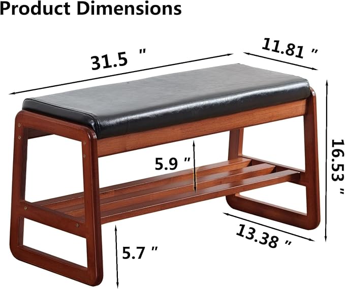 Solid Wood Shoe Bench, 2-Tier Wooden Entryway Bench, Modern Shoe Rack with Faux Leather Cushion for Hallway, Living Room (Black, 31.5'') - Image 2