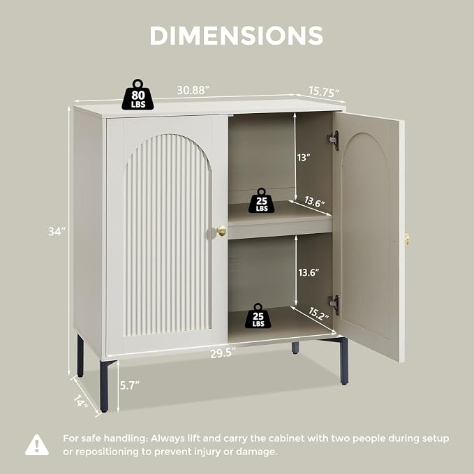 IFGET Modern TV Stands for 65 Inch TVs, 34" Tall Wood Entertainment Center w/Adjustable Shelves, Mid Century Modern TV Stand w/Arched Fluted Doors, Media Console Cabinet for Living Room, Cream - Image 2