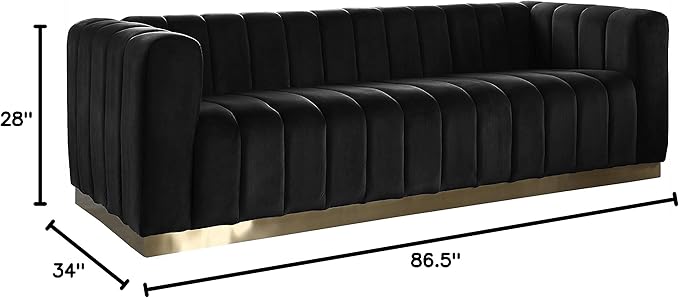 Meridian Furniture 603Black-S Marlon Collection Modern | Contemporary Velvet Upholstered Sofa with Deep Channel Tufting, Stainless Steel Base in a Brushed Gold Finish, Black, 86.5" W x 34" D x 28" H