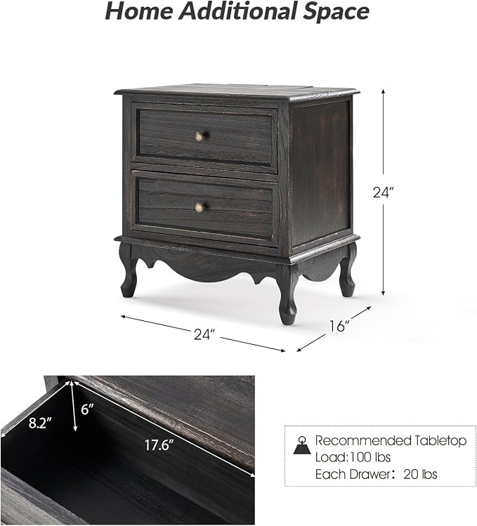 HULALA HOME Solid Wood End Table with Charging Station Space, Vintage Endtable with Wood Legs and 2 Drawers, French Side Table for Living Room, Charcoal - Image 2