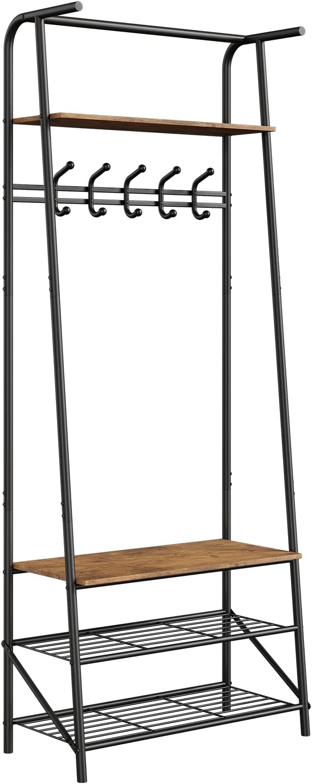 IDEALHOUSE Coat Rack Shoe Bench with 5 Hooks, Hall Trees Entryway Bench with Storage, Multifunctional Hallway Organizer, Wood Look Accent Furniture with Metal Frame for Entryway, Living Room, Bedroom - Image 8