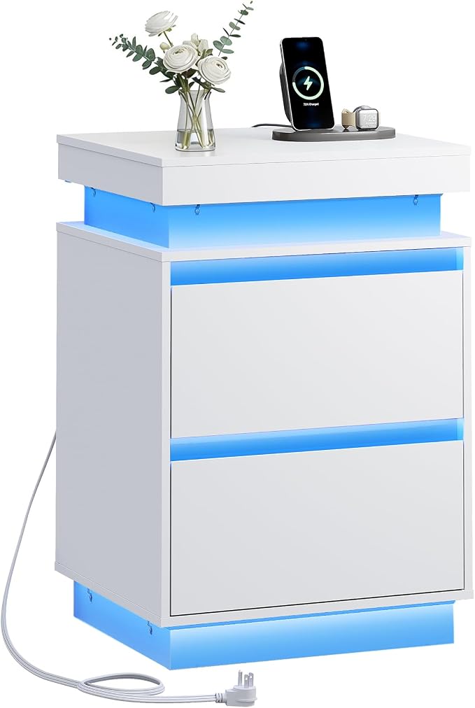 WLIVE White Nightstand with Charging Station and LED Lights, Bedside Table with 2 Wooden Drawers and Sliding Top, Modern End Table Side Table for Bedroom, Living Room, Office by WLIVE