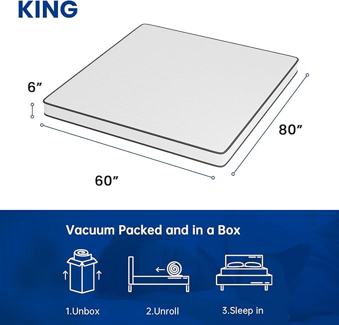 PayLessHere | 6 Inch King Mattress | Medium Firm Hybrid Mattress | White | with High-Density Foam and Breathable Cover | Pocket Spring Design, Pressure Relief | Bed in a Box, CertiPUR-US Certified