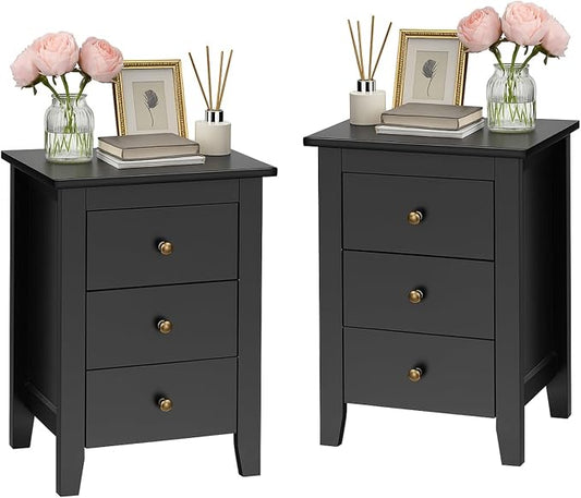 Giantex Nightstand Set of 2 with 3 Drawers, Wood Black Night Stand Bedside Table w/Storage Drawer & Round Metal Knobs, Modern End Side Table for Dorm Bedroom Small Spaces, 14.5" D x 18" W x 26" H by Giantex
