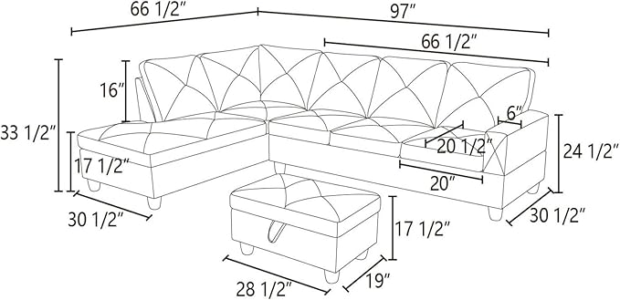 L-Shape Sofa with Storage Ottoman, Leather Sectional Couch with Left Chaise, Modern 3-Piece Sofa Set for Living Room, Upholstered Couch Set with Solid Wood Frame for Apartment, Loft, Black