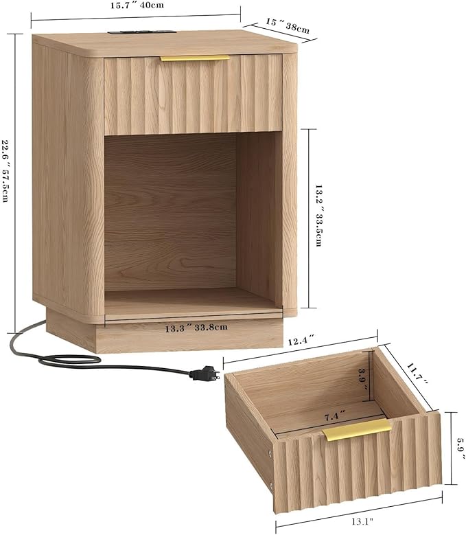 Akxomel Fluted Nightstands Set of 2, Wooden Night Stand with Charging Station and LED Light, Modern Mid Century Bed Side End Table with Drawer, 15" D x 15.7" W x 22.6" H, for Bedroom, Natural Oak - Image 3