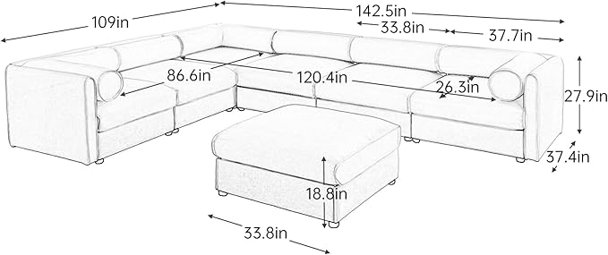 KEIKI 143" Large Modular Chenille Sectional Sofa with Storage Seat, 1 Ottoman, Modern 6-Seater Couch with Cylindrical Backrest and 2 Armrests, Easy Assembly, for Apartment, Living Room, Blue