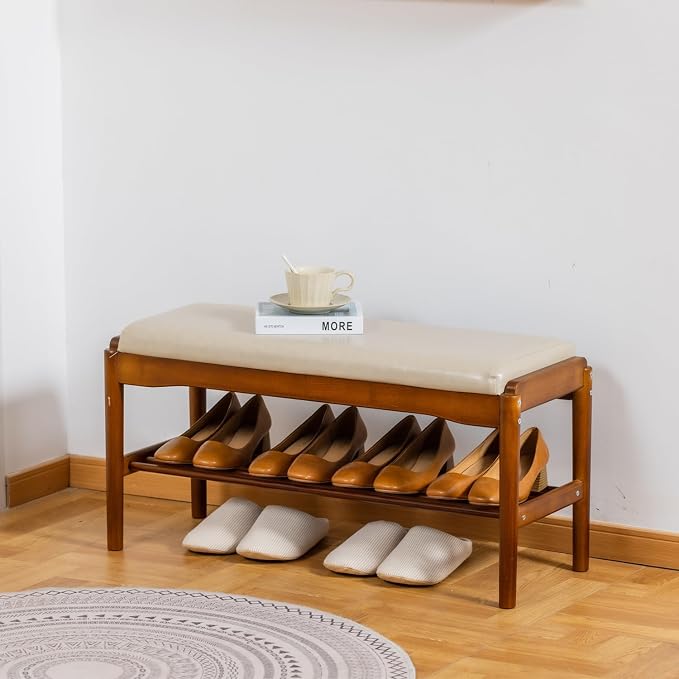 latifolia Small Shoe Bench, Solid Wood Bench with Cushion, 2 Tier Shoe Storage Organizer for Entryway(Walnut,31.50''L) - Image 2