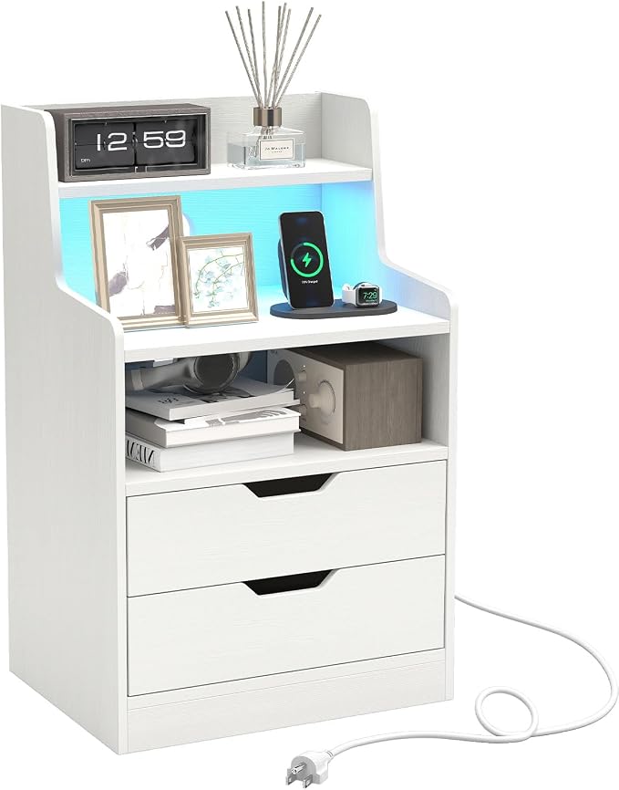 KOMFOTT Nightstand with Charging Station & LED Lights, Smart Night Stand with Hutch & Remote, Modern Side End Table with 2 Storage Drawers for Bedroom Dorm (White,1) by KOMFOTT