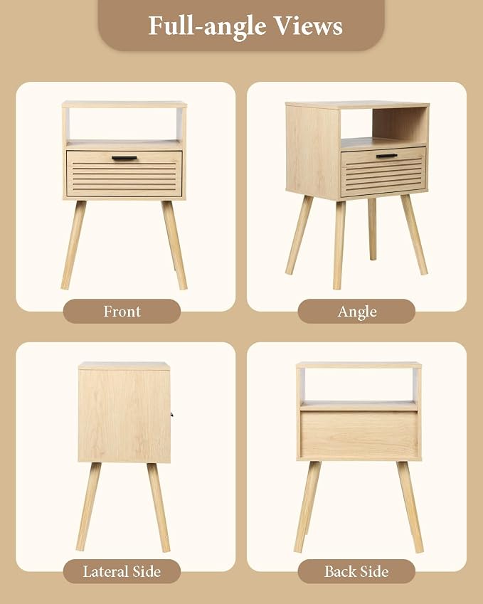 2 Sets Striped Grooved Nightstand with Solid Wood Storage Drawer, Bedside Table for Bedroom Living Room Dorm, 2 Tier Modern Night Stands for Small Space, Minimalist Bed Table (Double Layer, 2 Sets) - Image 5