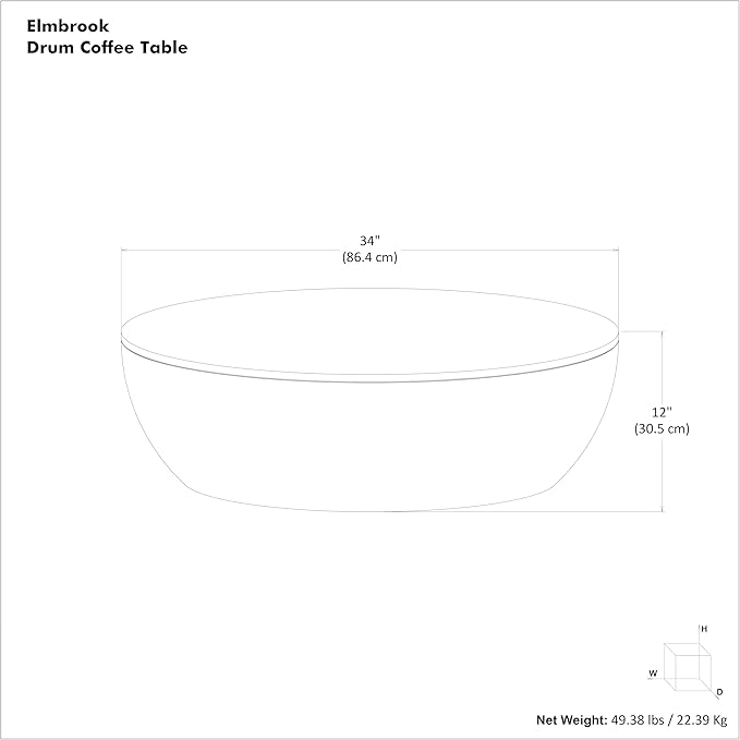 SIMPLIHOME Elmbrook Coffee Table - 34 inch Wide Solid Mango Wood Modern Industrial Round Drum Cocktail Table in Black, Sculptural Living Room Table with Low Profile Design, Assembled