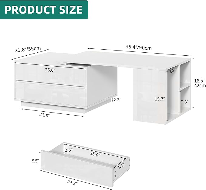 YITAHOME Coffee Table LED Coffee Table with 4 Storage Drawers, Extendable Coffee Tables for Living Room, Modern Wooden Rectangle Cocktail Table with Open Shelves & Sliding Tabletop 35"- 61", White
