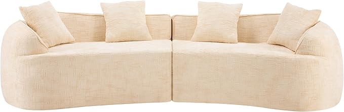 109-Inch Curved Boneless Sofa Couches Compressed 4-Seat Foam Couch for Living Room Bedroom, Boneless Modular Cloud Sofa Curved Floor Couch with 4 Pillows, No Assembly