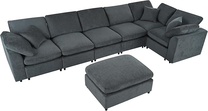 ERYE Oversized Modular Chenille Upholstered Sectional Sofa with Movable Ottoman, 7 Seaters Modular Convertible Couch Spacious Living Room Sofa for Home House Apartment