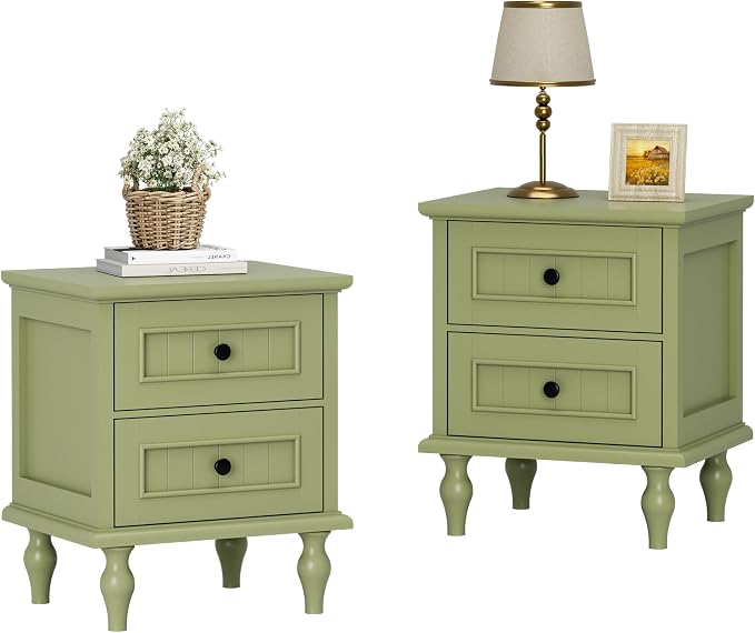 Scurrty Vintage Nightstand Set of 2, Antique Style End Table with 2 Drawers, Taller Nightstand for Bedroom, Side Table for Bedroom (Green) by Scurrty