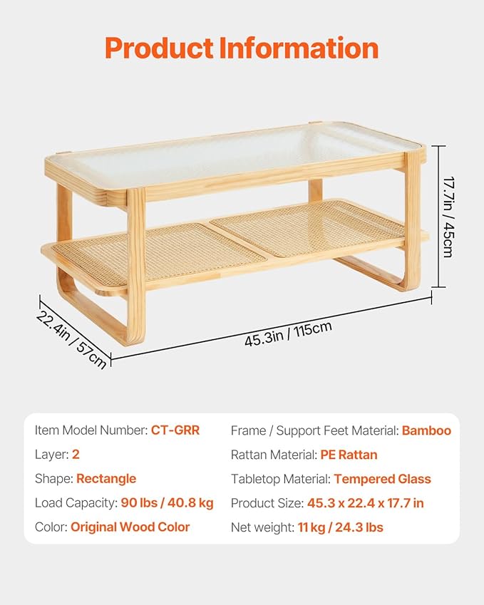 VEVOR Rattan Coffee Table, Rectangle Rattan Woven Wood Coffee Table with Tempered Glass Top, 45-Inch Modern Boho Storage Coffee Table with Natural Wood Legs, for Living Room, Bedroom & Small Spaces