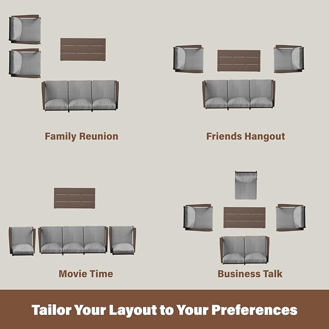 HDPE Patio Conversation Set, 6-Piece All Weather Outdoor Furniture Set with 1 Single Rocking Armchairs for Deck, Lawn, with Cushion, Brown