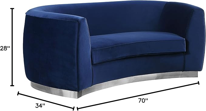 Meridian Furniture Julian Collection Modern | Contemporary Velvet Upholstered Loveseat with Stainless Steel Base in Polished Chrome Finish, Navy, 70" W x 34" D x 28" H