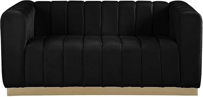 Meridian Furniture 603Black-L Marlon Collection Modern | Contemporary Velvet Upholstered Loveseat with Deep Channlel Tufting and Brushed Gold Finish, Black, 62.5" W x 34" D x 28" H